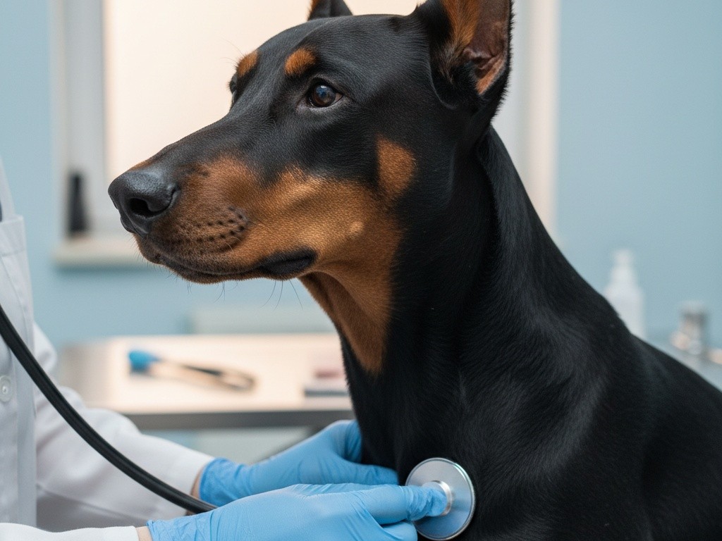 Veterinář vyšetřuje dobrmana fonendoskopem