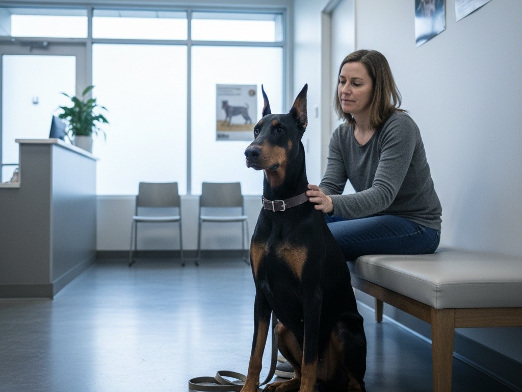 Dobrman v čekárně u veterináře