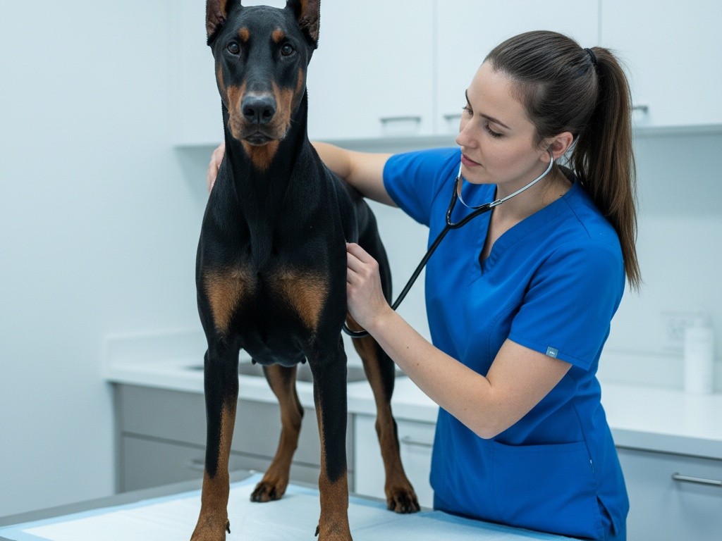 Veterinář vyšetřuje dobrmana